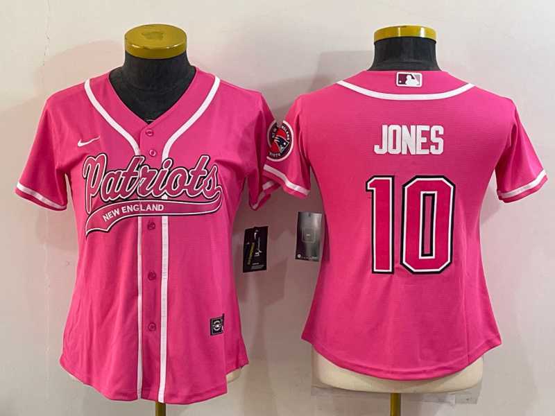 Women%27s New England Patriots #10 Mac Jones Pink With Patch Cool Base Stitched Baseball Jersey